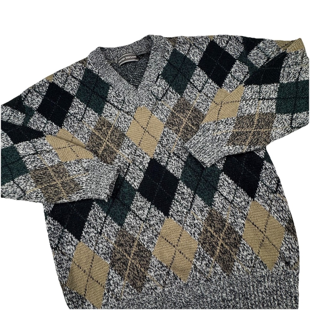 Vintage David Taylor Acrylic Argyle Sweater Men M Grandpa‎ Checkered Plaid Black